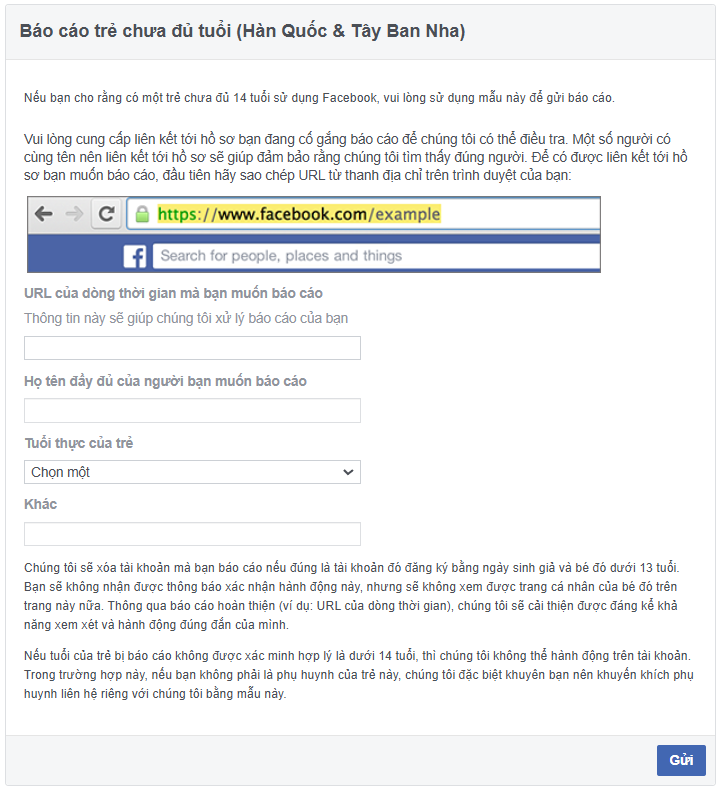 Cách sử dụng link 13 tuổi fb để báo cáo tài khoản chưa đủ tuổi